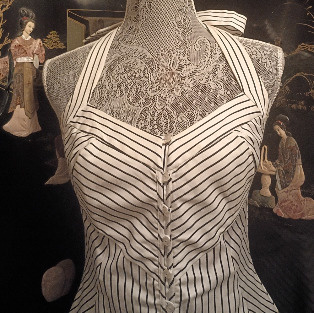 White House Black Market Striped Button Halter Tie Bustier/Top Sz 2 Like New - Picture 5 of 16